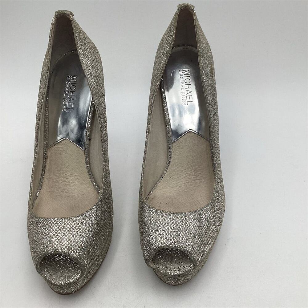 Michael Kors Silver Glitter Peep Toe Platform Heels Size 10 Women's